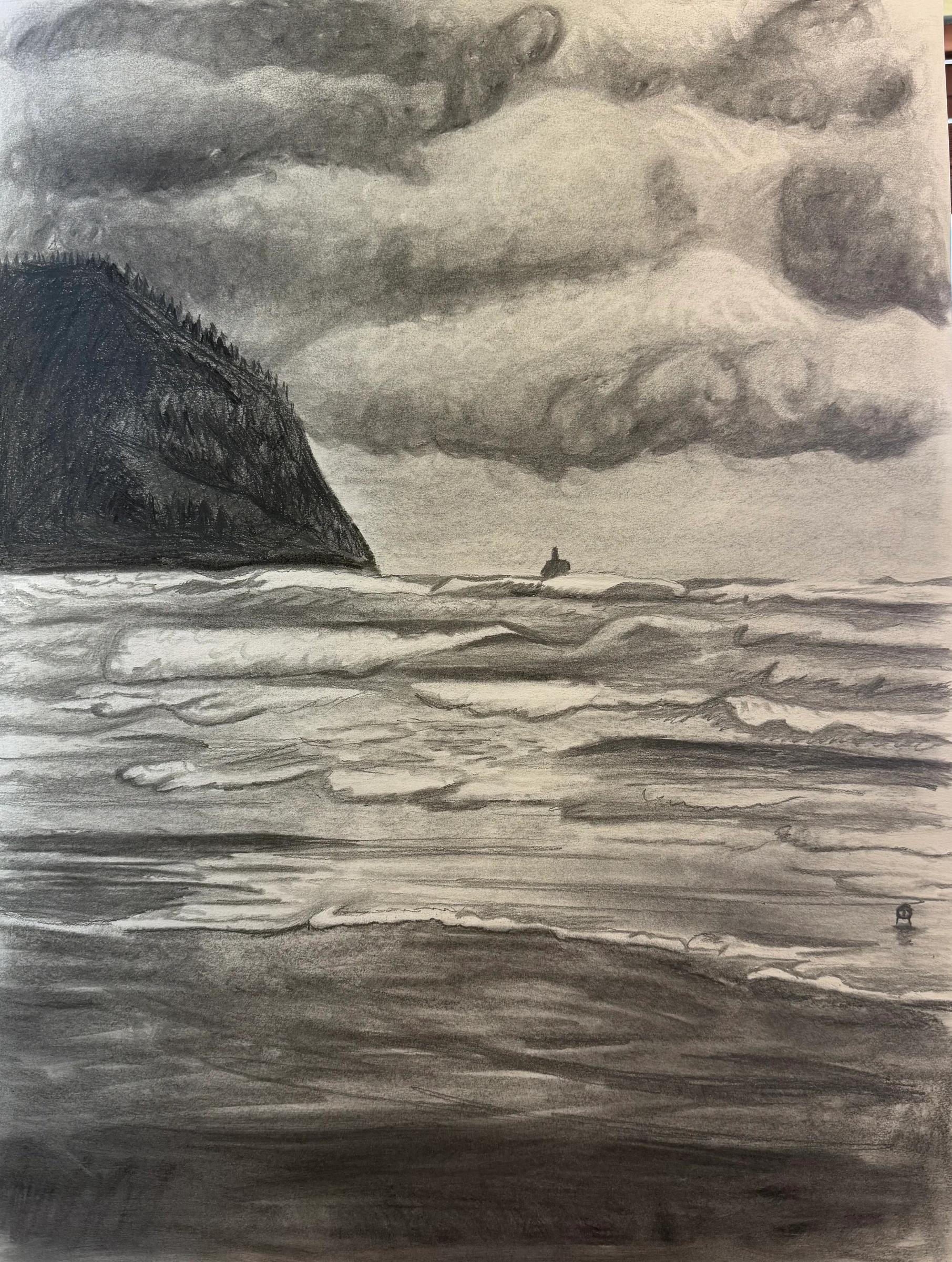 Graphite coastal landscape by Sel Tasteme with heavy clouds above the shoreline.