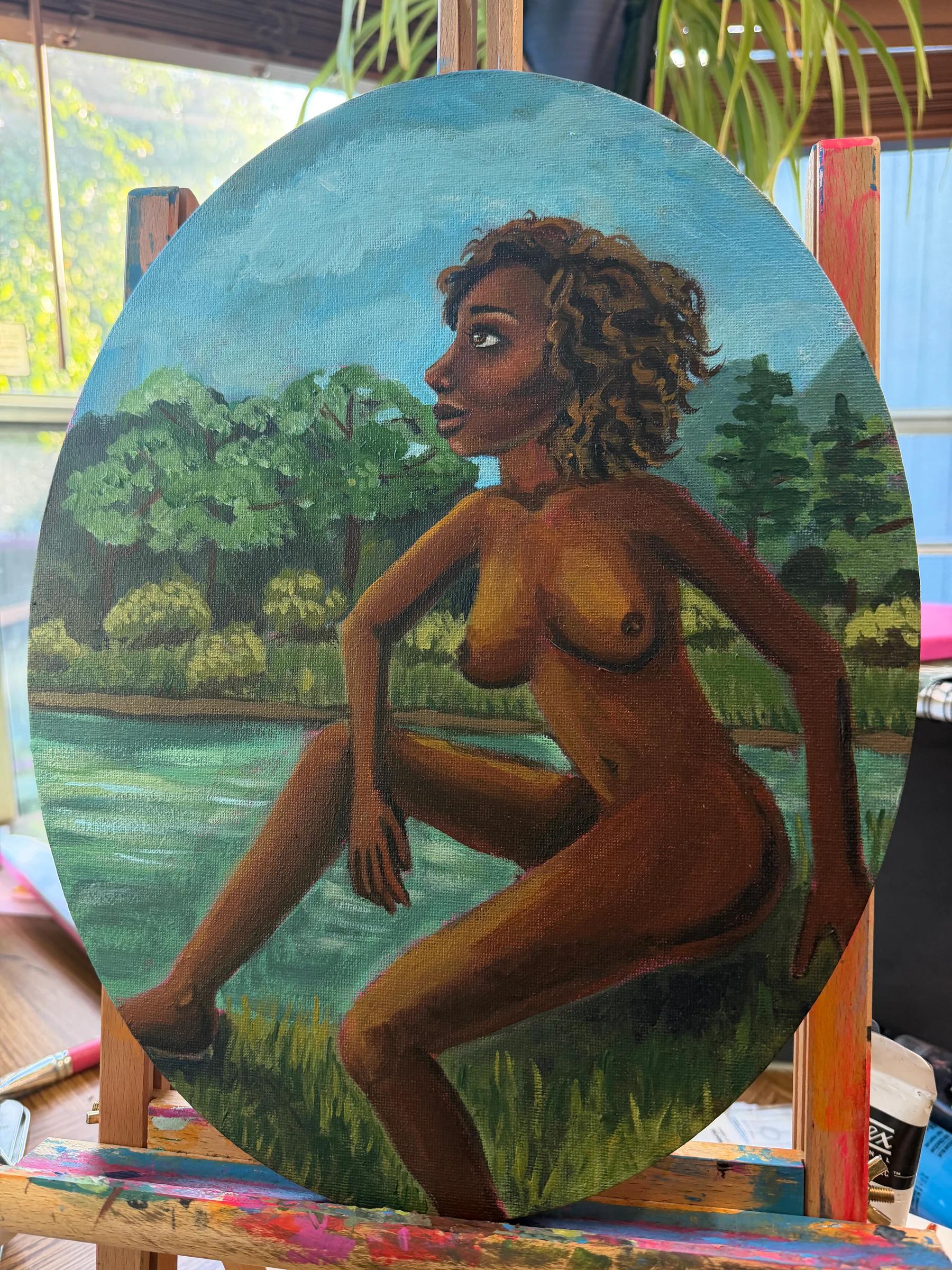 Painting by Sel Tasteme of a seated nude figure beside a lake and forest.