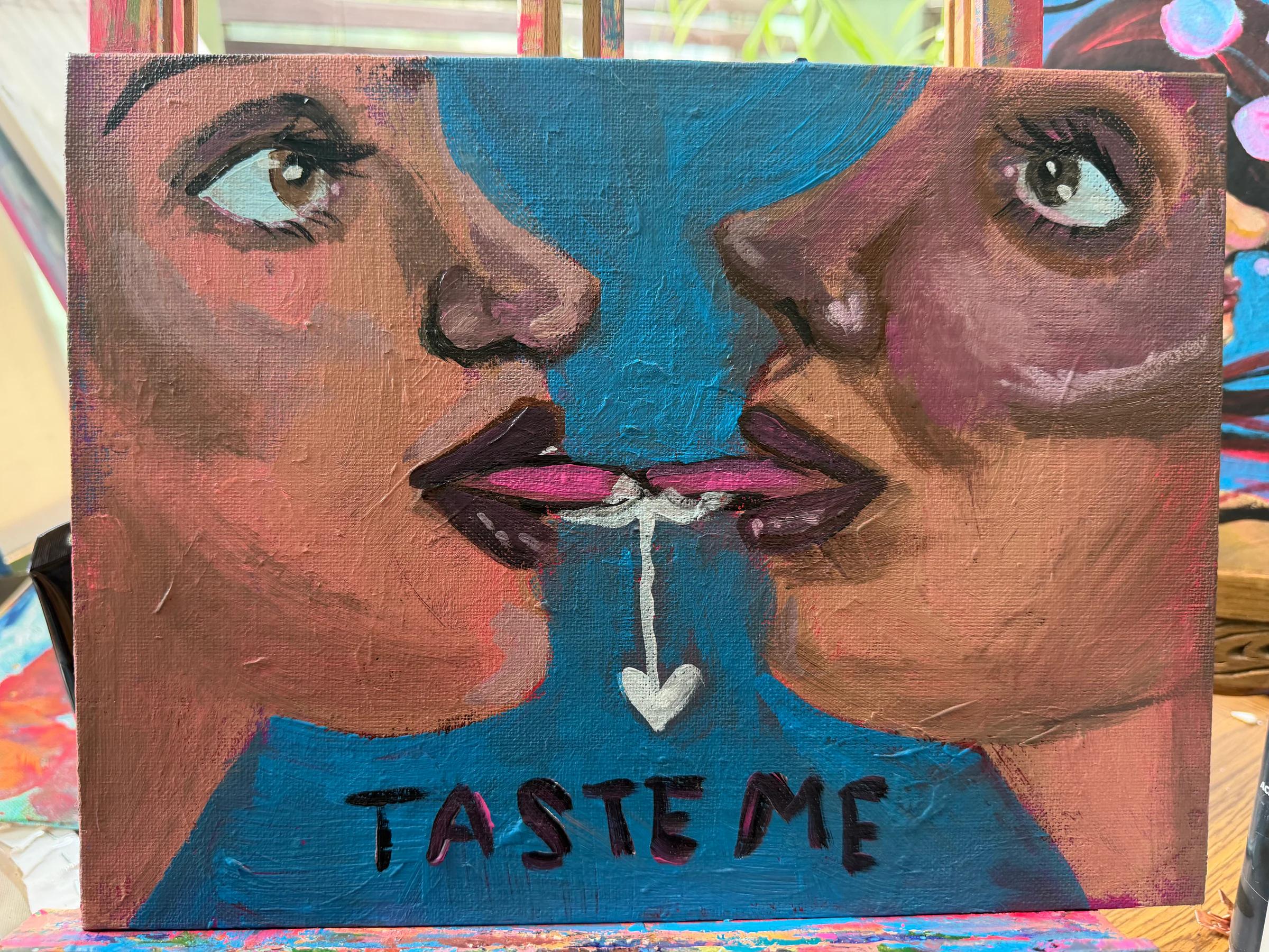 Painting by Sel Tasteme of two faces meeting across a blue field.