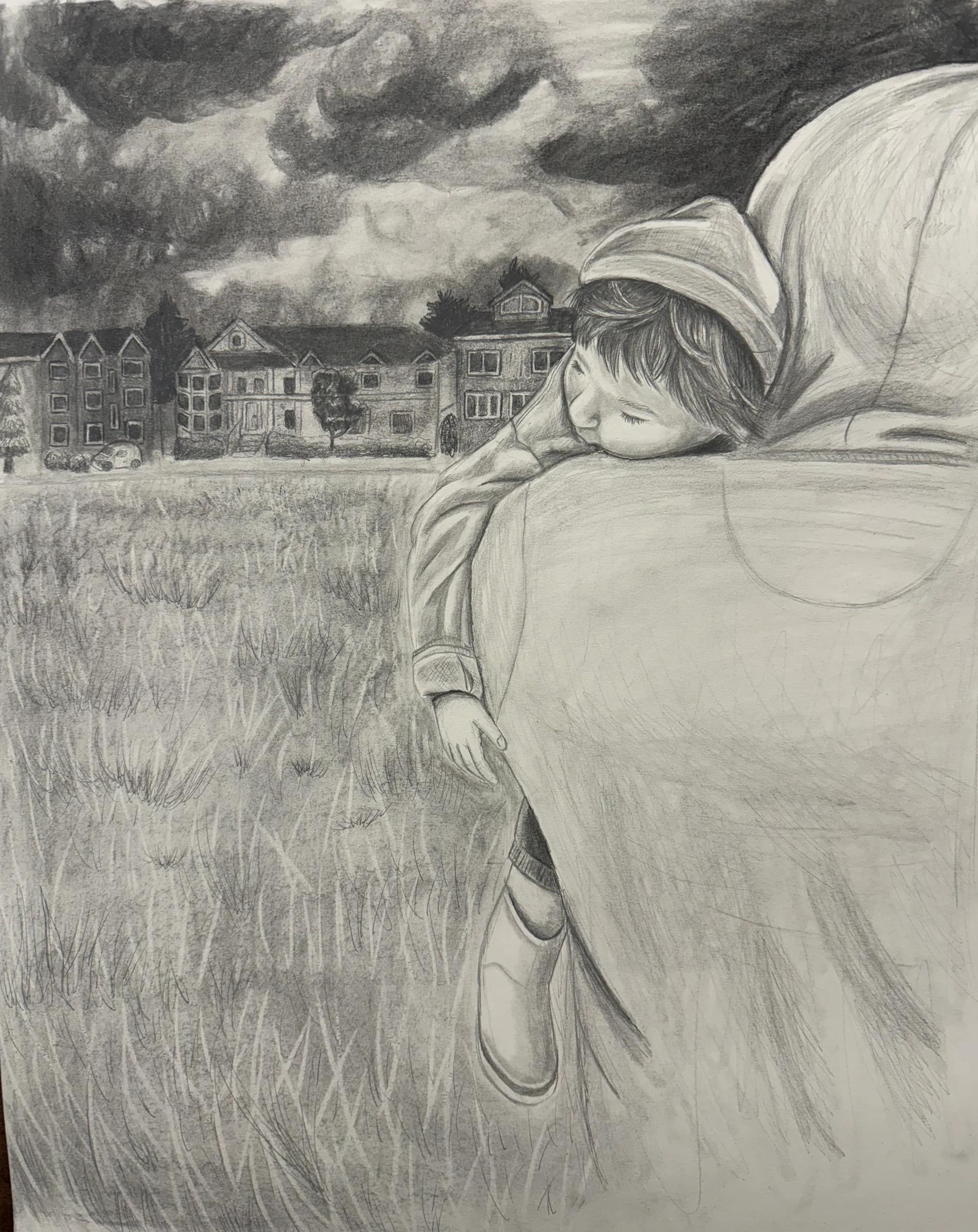 Graphite drawing by Sel Tasteme of a child embracing an adult figure in a rural landscape.
