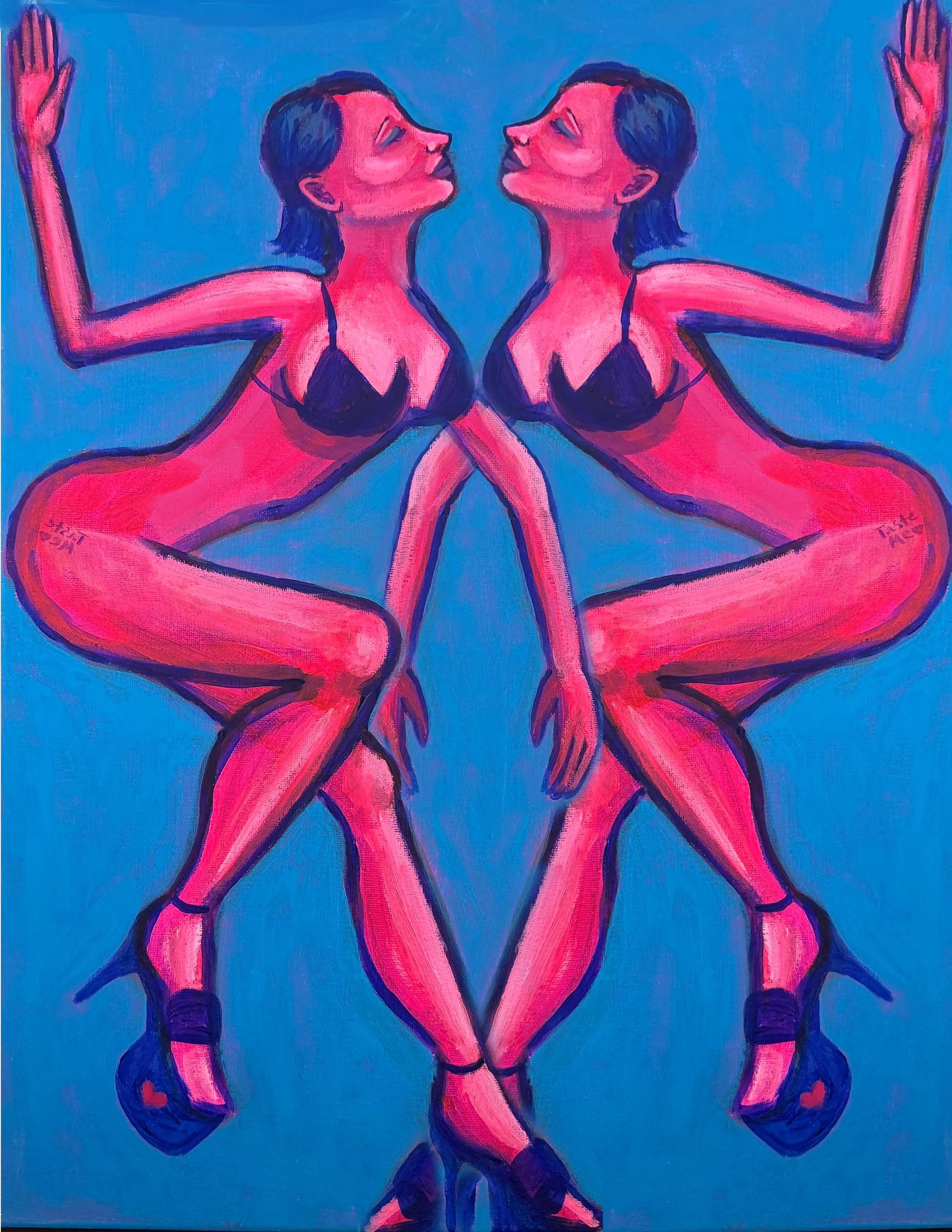 Painting by Sel Tasteme of two mirrored red figures against a bright blue background.