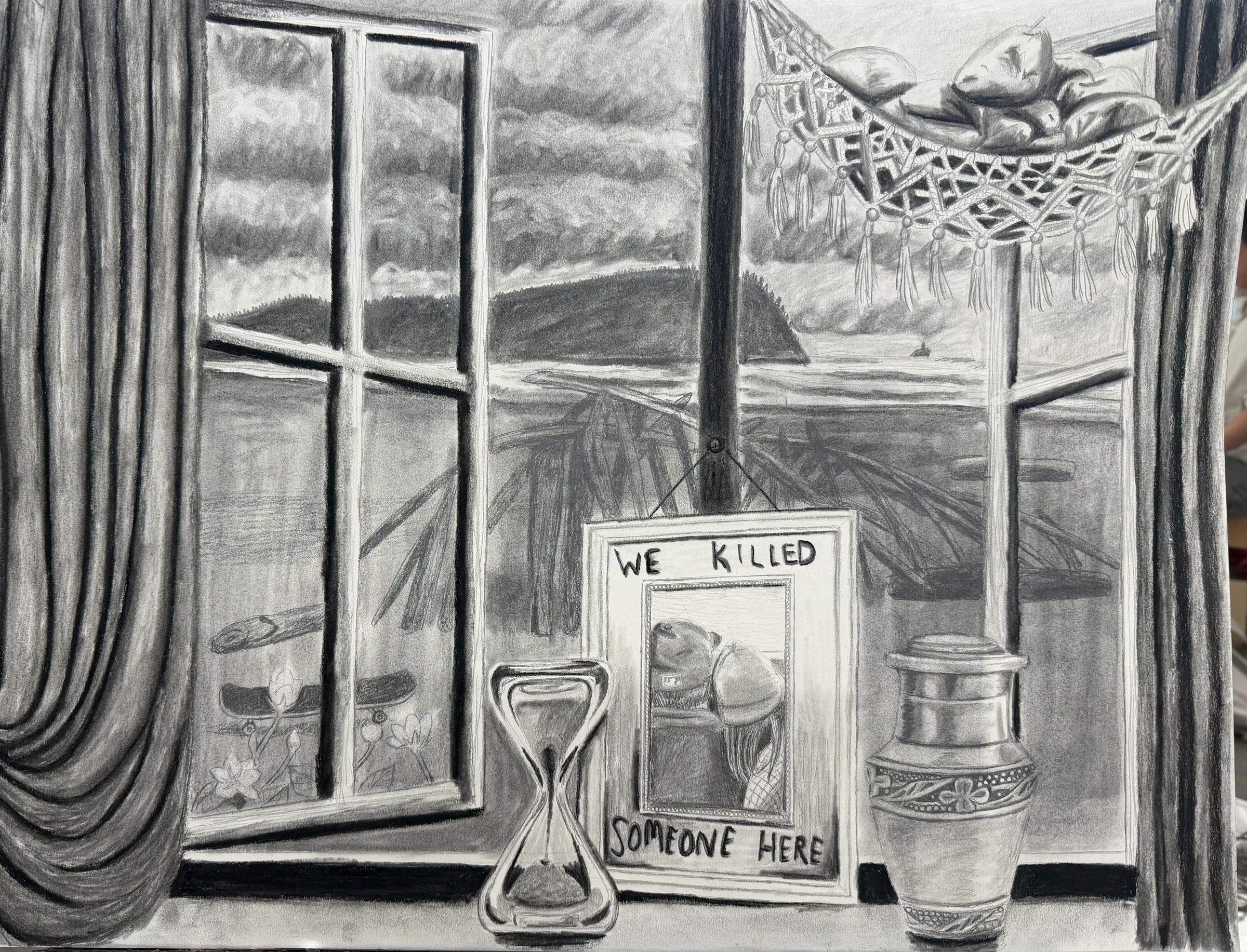 Graphite drawing by Sel Tasteme of an interior window scene with an hourglass, a small sign, and a bridge beyond.