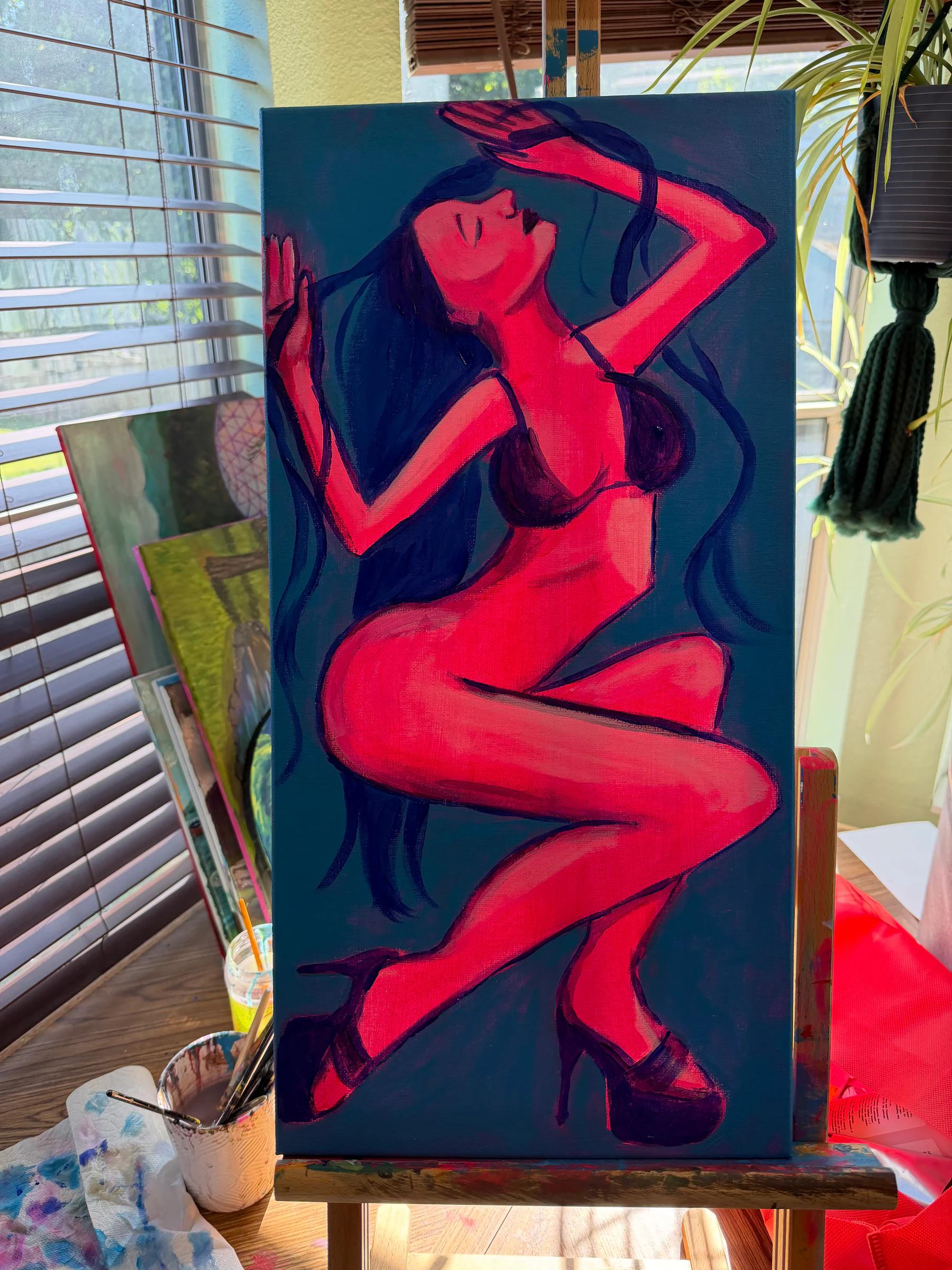 Painting by Sel Tasteme of a red figure reclining against a dark blue background.